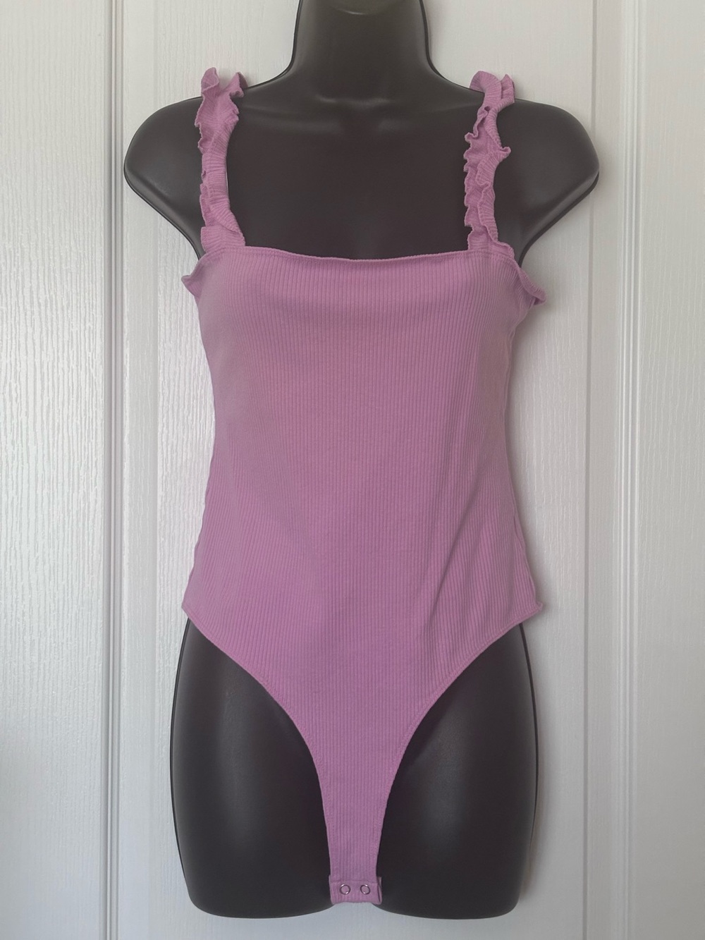Double Zero Ribbed Ruffle-Strap Bodysuit - Lavender Pink - Picture 2 of 5